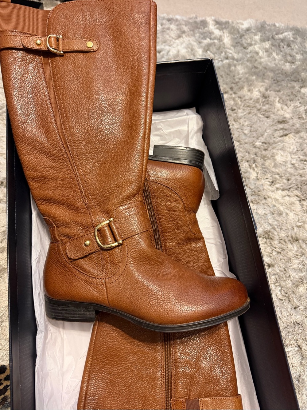 Naturalizer Cognac Brown Leather WIDE-Calf Riding Boots with Gold Buckle